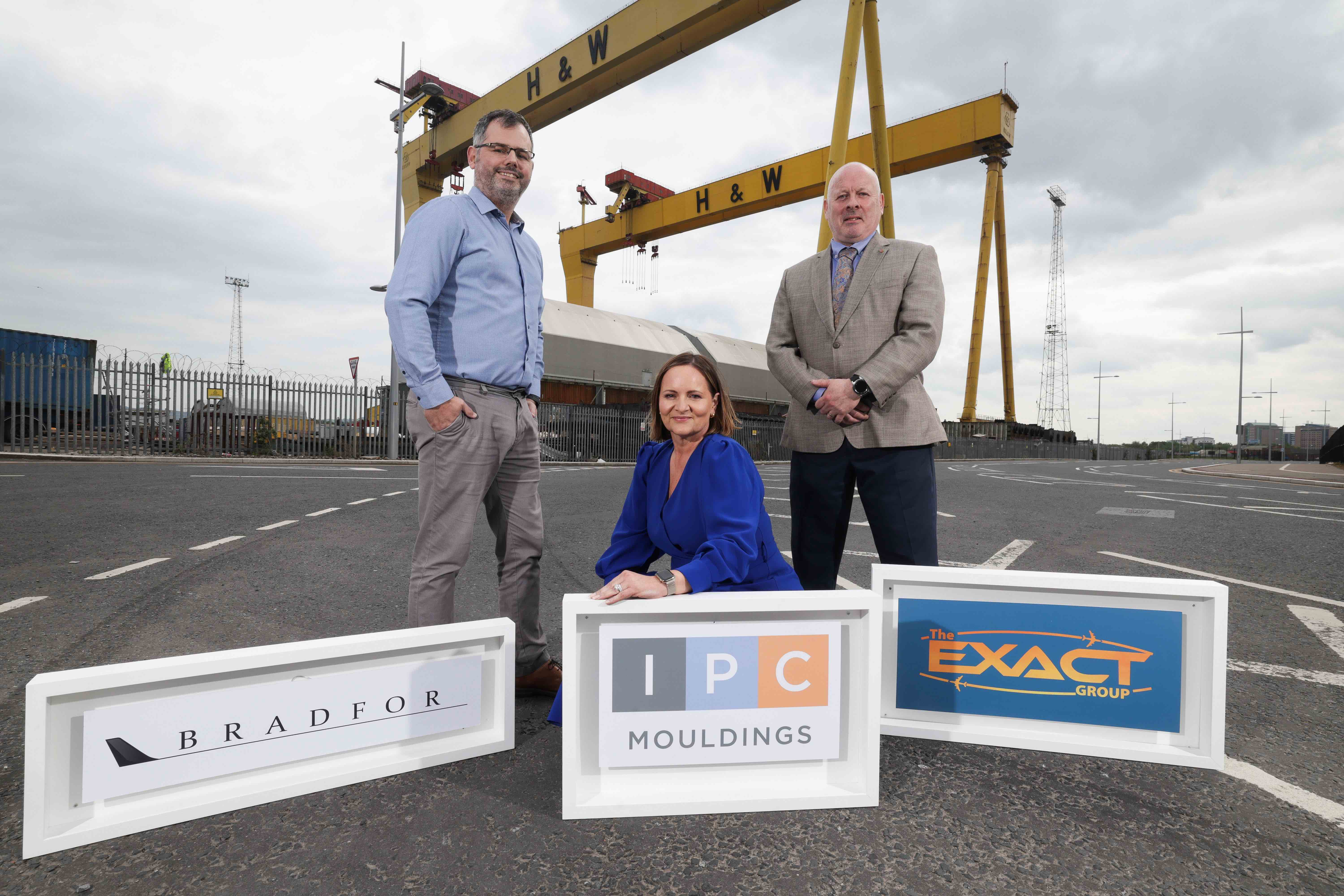 Three Northern Ireland-based companies will be highlighting the epitome of supply chain excellence, and the region’s thriving aerospace manufacturing sector at the Aircraft Interiors Expo in Hamburg later this month. Pictured (L-R) are Francis McCartan, Bradfor Ltd; Joanne Liddle, IPC Mouldings; and Stephen Cromie, The Exact Group.